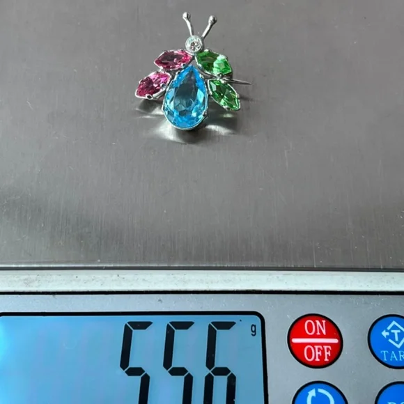 DESIGNER VINTAGE 925 SS CRYSTAL BEETLE BUG PIN BROOCH VIBRANT BLUE PINK GREEN
